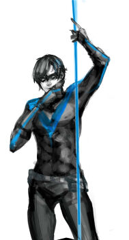 1boy artist_request batman_(series) belt black_hair bodysuit dc_comics dick_grayson domino_mask eye_mask gloves highres male_focus mask nightwing one_eye_closed paint simple_background solo spot_color standing white_background