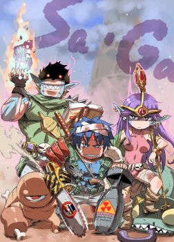 Rule 34 | 1girl, absurdres, blue eyes, boned meat, book, breasts, chainsaw, closed mouth, commentary request, dated, earrings, esper (saga), facial mark, fingerless gloves, food, full body, gloves, highres, holding, holding staff, human (saga), isedaichi ken, jewelry, leotard, long hair, looking at viewer, magic, meat, pointy ears, purple hair, saga, saga 1, smile, staff, teacher (saga 2)