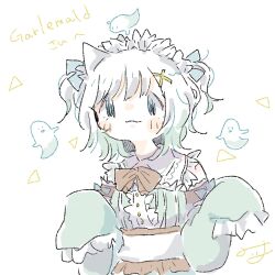 Rule 34 | 1girl, apron, blue eyes, blush, chibi, closed mouth, commission, frills, ghost, ghost girl, green hair, hair ornament, highres, indie virtual youtuber, long sleeves, maid, maid apron, maid headdress, mint fantome, nana163i, skeb commission, sketch, sleeves past fingers, sleeves past wrists, two side up, white hair, x hair ornament