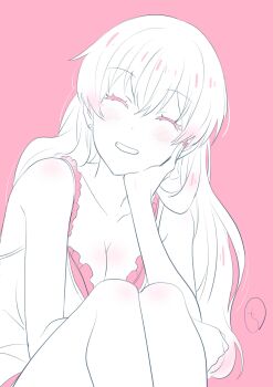Rule 34 | 1girl, absurdres, blush, bra, bra peek, breasts, cleavage, closed eyes, commentary, earrings, fuufu ijou koibito miman., hair between eyes, head rest, highres, jewelry, knees up, kobayashi chizuru, large breasts, long hair, monochrome, nail polish, pink background, pink theme, signature, sitting, smile, stud earrings, tank top, underwear, watanabe akari