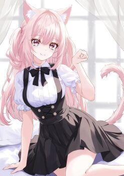 1girl absurdres animal_ear_fluff animal_ears black_bow black_bowtie black_dress bow bowtie cat_ears cat_girl cat_tail closed_mouth collared_shirt commentary_request dress feet_out_of_frame hair_between_eyes hair_tie hand_up highres indoors looking_at_viewer one_side_up original paw_pose pinafore_dress pink_eyes pink_hair reachizu revision shirt short_sleeves sitting sleeveless sleeveless_dress smile solo tail white_shirt window yokozuwari