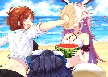 1boy 3girls absurdres animal_ears beach bikini black_hair breasts brown_hair cake captain_(honkai_impact) cleavage commentary commentary_request day diaoxian_kuangmo dress_shirt food food_on_face fruit grin highres honkai_(series) honkai_impact_3rd in_the_face large_breasts long_hair medium_breasts multiple_girls murata_himeko murata_himeko_(black_mamba) ornament pie pie_in_face pink_hair raiden_mei red_hair sand shirt smile swimsuit throwing throwing_food throwing_pie water watermelon yae_sakura yae_sakura_(summer_dream)