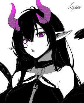 1girl antenna_hair bare_shoulders breasts commentary demon_horns english_commentary greyscale halterneck highres horns large_breasts lips long_hair lughost monochrome multiple_horns original parted_lips pointy_ears purple_eyes purple_horns signature solo spot_color upper_body