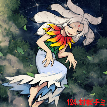 Rule 34 | 1girl, bare shoulders, barefoot, black hair, black sky, blue dress, character name, commentary request, dress, facial mark, fang, fingernails, forehead mark, fossilized wonders, grey eyes, hair ears, half-closed eyes, houjuu chimi, leaf, leaf clothing, long fingernails, long hair, looking at viewer, meimaru inuchiyo, multicolored hair, night, night sky, numbered, open mouth, outdoors, red leaf, sky, sleeveless, sleeveless dress, smile, solo, standing, standing on one leg, star (sky), starry sky, streaked hair, touhou, white hair