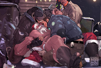 4boys abs american_flag american_flag_print bara beanie beard blush buzz_cut calves christmas cold cum ejaculation erection facial_hair feeling_warmth flag_print from_side hat highres homeless large_pectorals licking licking_eye long_beard lying male_focus mature_male multiple_boys muscular muscular_male mustache nipple_stimulation nipple_tweak nipples on_back original outdoors pectorals penis receding_hairline red_nose santa_claus santa_costume santa_hat short_hair smile snowing thick_beard thick_eyebrows thick_mustache tooboshoo trash_can uncensored undressing_another very_short_hair white_hair yaoi