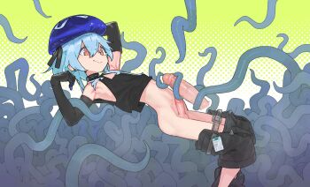 1boy absurdres arknights bare_shoulders black_gloves black_tank_top blue_hair blue_hat closed_mouth clothes_pull commentary commission disembodied_penis elbow_gloves english_commentary erection feet_out_of_frame from_side gloves halftone halftone_background hat highres male_focus mizuki_(arknights) orange_eyes pants pants_pull penis pshuuu short_hair smile tank_top tentacles trap uncensored variant_set