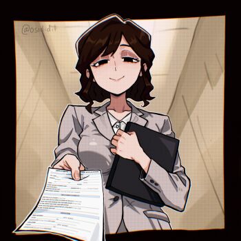 1girl araki_saori black_eyes brown_hair closed_mouth commentary english_commentary formal_clothes grey_jacket grey_suit highres holding holding_paper holding_tablet_pc jacket job_application_form_(meme) looking_at_viewer meme office_lady osidid paper real_life scan scan_artifacts shirt smile solo suit tablet_pc twitter_username white_shirt