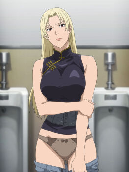 1girl absurdres black_shirt blonde_hair breasts brown_panties chinese_clothes clothes_pull commentary_request commission denim highres jeans jujutsu_kaisen large_breasts long_hair looking_at_viewer panties pants pants_pull pixiv_commission salmon_knight shirt sleeveless sleeveless_shirt solo standing thighs tsukumo_yuki_(jujutsu_kaisen) underwear urinal