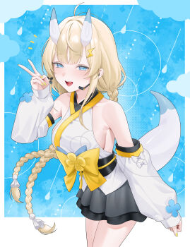 1girl absurdres ahoge bare_shoulders black_skirt black_sleeves blonde_hair blue_background blue_eyes blue_horns blush breasts cloud commentary_request cowboy_shot detached_sleeves fingernails gfpebs hair_ornament half-closed_eyes hand_up highres horns kadou_mikaru large_breasts leaning_forward long_hair multicolored_horns multicolored_sleeves nail_polish nijisanji open_mouth shirt skirt sleeveless sleeveless_shirt solo tail teeth two-tone_horns v virtual_youtuber water_drop white_background white_horns white_shirt white_sleeves yellow_nails yellow_sleeves