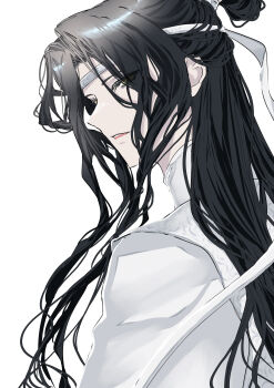 1boy absurdres bishounen black_hair chinese_clothes eyes_visible_through_hair from_behind from_side hair_ribbon half_updo hanfu headband highres lan_wangji light_smile long_hair looking_at_viewer looking_back male_focus modao_zushi naruse_(kmk648) parted_bangs parted_lips profile ribbon robe simple_background solo topknot upper_body white_background white_hanfu white_headband white_ribbon xiao_guan_(headdress)