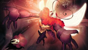 1boy 1girl :o absurdres antennae arthropod_boy arthropod_girl black_skin cloak colored_skin full_body highres hollow_eyes hollow_knight hollow_knight:_silksong hornet_(hollow_knight) looking_at_another mask onionsued red_cloak sparkle standing tongue trobbio_(hollow_knight) watermark wings