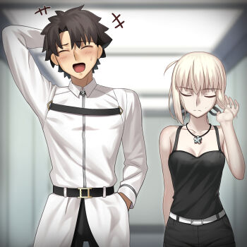 1boy 1girl artoria_pendragon_(fate) belt belt_buckle besmiled black_hair black_pants black_ribbon black_shirt blonde_hair breasts buckle cleavage closed_eyes closed_mouth collarbone collared_shirt commentary_request fate/grand_order fate_(series) fujimaru_ritsuka_(male) hair_ribbon hand_in_own_hair hand_in_pocket highres laughing long_hair medium_breasts nervous_laughter open_mouth pants ribbon saber_alter saber_alter_(ver._shinjuku_1999) scratching_head shirt short_hair sidelocks smile standing stray_pubic_hair sweatdrop white_belt white_shirt
