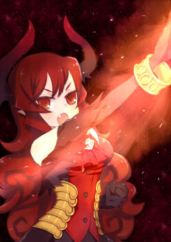 1girl armor armored_dress borrowed_character bracelet breasts clenched_hand curly_hair demon_girl demon_horns demon_tail dress elbow_gloves fang female_focus gloves henshin_pose horns jewelry kamen_rider maou_beluzel original outstretched_arm red_eyes red_hair skull solo tail tank_(artist) yuusha_to_maou