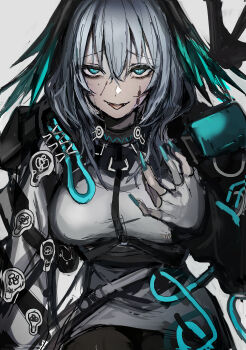 1girl absurdres aqua_eyes aqua_nails arknights between_breasts black_pantyhose breasts chuhaibane coat commentary_request dress fangs feathered_wings fingerless_gloves fingernails gloves grey_background grey_hair hair_between_eyes head_wings highres ho'olheyak_(arknights) infection_monitor_(arknights) large_breasts long_coat long_fingernails long_hair long_sleeves looking_at_viewer nail_polish open_clothes open_coat open_mouth pantyhose scar scar_on_face sharp_fingernails simple_background smile snake_girl solo strap_between_breasts tongue tongue_out white_dress white_gloves wings