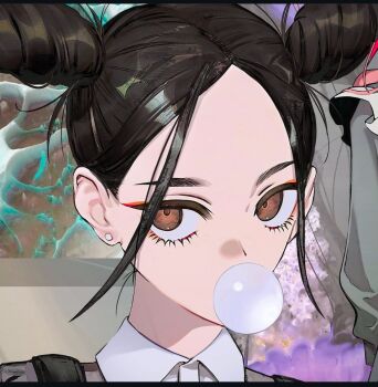 1girl air_bubble brown_eyes brown_hair bubble close-up commentary_request earrings eyeshadow hair_over_one_eye jewelry long_hair looking_at_viewer makeup nanase_miri original solo