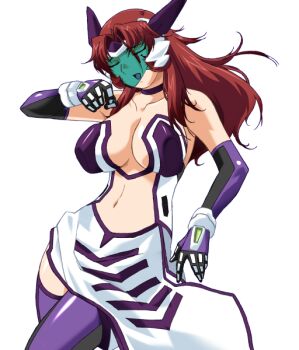 1girl akanejima_ranga bare_shoulders breasts center_opening choker cleavage closed_eyes covered_erect_nipples dress elbow_gloves face_shield game_cg gan-chan_(artist) gloves headgear hitozuma_sentai_aisaiger large_breasts large_variant_set long_hair magical_girl midriff navel non-web_source official_art open_mouth purple_thighhighs red_hair saiger_orchid solo thighhighs transparent_background variant_set