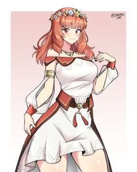 1girl celica_(fire_emblem) celica_(valentine)_(fire_emblem) cowboy_shot dress fire_emblem fire_emblem_gaiden fire_emblem_heroes highres jarckius looking_at_viewer medium_hair nail_polish nintendo orange_eyes orange_hair red_nails smile solo white_dress
