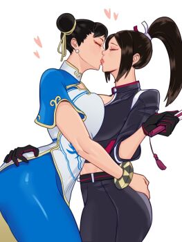 2girls akiman_pose bait_and_switch belly-to-belly black_gloves breast_press breasts capcom chinese_clothes chun-li commentary cropped_jacket double_bun english_commentary eye_contact fatal_fury fatal_fury:_city_of_the_wolves french_kiss gloves hair_bun hair_ribbon hand_fan hand_on_another&#039;s_ass highres holding holding_fan hug huge_breasts kiss looking_at_another multiple_girls official_alternate_costume parted_bangs ponytail ribbon shiranui_mai skullworms street_fighter street_fighter_6 symmetrical_docking tongue upper_body yuri