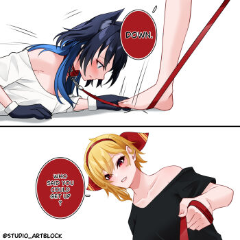 2girls absurdres barefoot black_hair blanc_(studio_artblock) blonde_hair blue_eyes blue_hair breasts collar feet femdom hair_intakes highres holding holding_leash hololive hololive_english hololive_indonesia kaela_kovalskia leash leash_pull long_hair meme multiple_girls ouro_kronii pov red_eyes stepping_on_leash toes viewer_on_leash virtual_youtuber who_said_you_could_get_up_(meme)