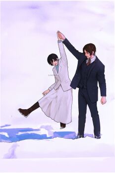 Rule 34 | 1boy, 1girl, artist name, black boots, black hair, black jacket, black pants, black vest, blue shirt, boots, breasts, brown hair, brown necktie, coat, commentary, couple, english commentary, eren yeager, facial scar, full body, hair between eyes, hetero, highres, holding hands, jacket, long skirt, medium breasts, mikasa ackerman, necktie, open mouth, pants, parted bangs, scar, scar on cheek, scar on face, shingeki no kyojin, shirt, short hair, skirt, smile, snow, suit jacket, sumiensp, vest, waistcoat, white jacket, white skirt, winter, winter clothes, winter coat