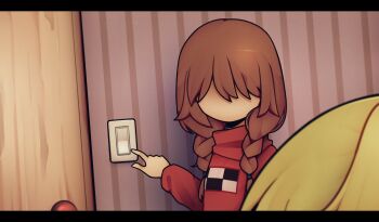 2girls blonde_hair braid brown_hair faceless faceless_female green_sweater highres indoors letterboxed long_hair long_sleeves looking_at_another madotsuki mafurara multiple_girls poniko ponytail red_sweater short_hair short_ponytail sidelocks sweater switch twin_braids yume_nikki