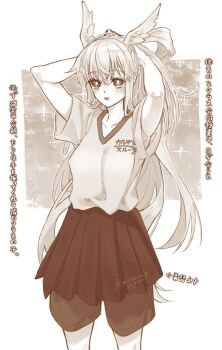 1girl arms_up blush breasts fate/grand_order fate_(series) greyscale gym_shirt head_wings highres jacket large_breasts long_hair looking_at_viewer mitsurugi_sugar monochrome open_clothes open_jacket open_mouth pleated_skirt ponytail shirt short_sleeves shorts sidelocks skirt solo sparkle thrud_(fate) translation_request tying_hair valkyrie_(fate) wings