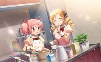 2girls ^_^ apron artist_request batter blonde_hair blush bow bowl bowtie cabinet closed_eyes closed_mouth collared_shirt cooking cowboy_shot crumbs cup day dot_nose drill_hair drink_carton flower_hairpin game_cg hair_ribbon hand_on_own_chin happy high_collar highres holding holding_cup holding_whisk indoors jewelry juliet_sleeves kaname_madoka kettle kitchen lace-trimmed_sleeves lace_trim light_blush light_particles long_hair long_sleeves looking_at_another mahou_shoujo_madoka_magica mahou_shoujo_madoka_magica_magia_exedra measuring_cup microwave milk milk_carton mitakihara_school_uniform mug multiple_girls nervous official_art open_mouth pink_apron pink_eyes pink_hair plant potted_plant puffy_sleeves rainbow red_bow red_bowtie red_ribbon refrigerator ribbon ring sash school_uniform shirt short_hair short_twintails sink smile sparkle stirring striped_sash tareme tomoe_mami twin_drills twintails upper_body waist_sash whisk white_apron white_sash yellow_shirt