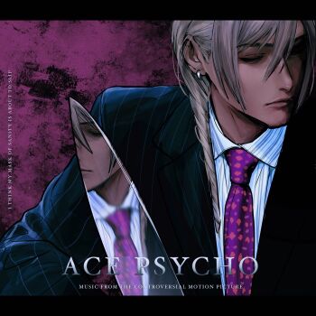 Rule 34 | 1boy, ace attorney, album cover redraw, american psycho, amikoiiko, apollo justice: ace attorney, blonde hair, blue jacket, blue shirt, closed eyes, closed mouth, collared shirt, copyright name, cosplay, dark-skinned male, dark skin, derivative work, drill hair, english text, facing to the side, highres, holding, jacket, klavier gavin, lapels, letterboxed, long sleeves, male focus, medium hair, mismatched eyebrows, necktie, notched lapels, orange necktie, patrick bateman, patrick bateman (cosplay), pinstripe jacket, pinstripe pattern, pinstripe shirt, purple background, purple necktie, reflective weapon, shirt, side drill, solo, suit jacket, two-tone necktie, two-tone shirt, upper body, white shirt