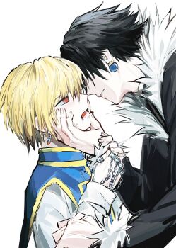 2boys black_hair blonde_hair blue_tabard chrollo_lucilfer coat commentary_request earrings from_side fur-trimmed_coat fur-trimmed_sleeves fur_trim hand_chains hands_on_another's_cheeks hands_on_another's_face height_difference highres hunter_x_hunter jewelry kurapika male_focus multiple_boys open_mouth parted_lips red_eyes sevenlistening short_hair tabard teeth yaoi