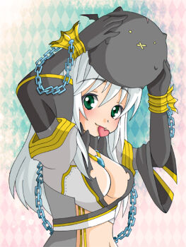 1girl argyle_background arms_up black_gloves blue_background blush breasts chain cleavage closed_mouth coat commentary_request creature crop_top deviruchi gloves green_eyes grey_coat heart long_hair looking_at_viewer medium_breasts monou0135 mouth_hold navel open_clothes open_coat pink_background ragnarok_online shirt smile solo suspenders upper_body warlock_(ragnarok_online) white_hair white_shirt