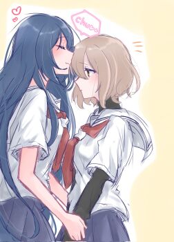 2girls blue_hair blue_skirt brown_eyes brown_hair closed_eyes closed_mouth commentary fang heart highres holding_another's_wrist kiss kissing_forehead long_hair moatototototo05 multiple_girls neckerchief oumi_shiori parted_lips red_neckerchief school_uniform serafuku shirt short_hair skirt speech_bubble watashi_wo_tabetai_hitodenashi white_background white_shirt yaotose_hinako yellow_background yuri