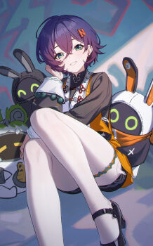 1girl absurdres ahoge bangboo_(zenless_zone_zero) belion_(zenless_zone_zero) belle_(delicate_sunlight)_(zenless_zone_zero) belle_(zenless_zone_zero) black_dress black_shoes blue_hair chinese_clothes commentary_request crossed_bangs dress eous_(zenless_zone_zero) graffiti hair_between_eyes hair_ornament hand_on_own_cheek hand_on_own_face hand_up highres knee_up letter_hair_ornament loafers long_sleeves looking_at_viewer official_alternate_costume open_mouth pantyhose shali shoes short_hair sitting smile solo two-tone_dress white_pantyhose zenless_zone_zero