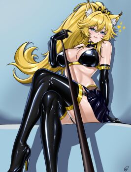 1girl animal_ears black_bra black_panties black_thighhighs blonde_hair blue_background blue_eyes blue_skirt blush boots bra breasts cat_ears closed_mouth commission crossed_legs elbow_gloves eyebrows_hidden_by_hair gloves hair_between_eyes high_heels highres holding holding_leash large_breasts latex latex_boots latex_bra latex_gloves leash licking_lips lips long_hair looking_at_viewer navel panties ponytail pov rararin_(show_by_rock!!) shadow show_by_rock!! signature simple_background sitting skirt smile solo stiletto_heels stomach thigh_boots thighhighs tongue tongue_out underwear viewer_on_leash waifuviolenta