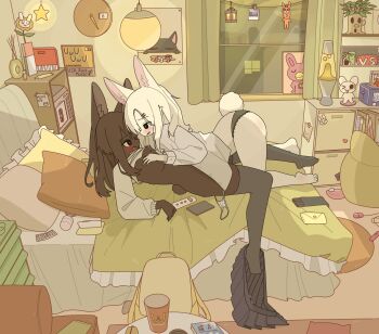 2girls absurdly_detailed_composition animal_ears backpack bag bedroom black_pants black_skirt blister_pack blush book breasts brown_hair ceiling_light clitoral_suction_vibrator clock clothes_lift commentary controller cushion egg_vibrator figure furry furry_female furry_with_furry grabbing_another&#039;s_breast grey_thighhighs groping hair_ornament hair_tie hairclip heart heart-shaped_pupils highres hitachi_magic_wand incense indoors lava_lamp loaded_interior long_hair long_sleeves mcdonald&#039;s medium_breasts mike_no_hito multiple_girls on_bed open_mouth original panties panties_around_leg pants pleated_skirt pocket_tissue poster_(object) rabbit_ears rabbit_girl rabbit_tail remote_control sex_toy shirt skirt sweater sweater_lift symbol-only_commentary symbol-shaped_pupils tail thighhighs underwear unworn_skirt vibrator white_hair white_panties white_shirt white_sweater yuri
