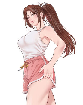 1girl bare_arms bare_shoulders blush breasts brown_eyes brown_hair commentary cowboy_shot crylin6 dolphin_shorts fatal_fury high_ponytail highres large_breasts lips long_hair motoyui official_alternate_costume parted_bangs parted_lips pink_lips pink_shorts ponytail shiranui_mai shorts solo street_fighter street_fighter_6 tank_top white_background white_tank_top