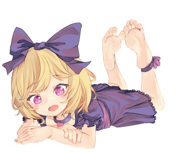 1girl ankle_ribbon barefoot black_bow black_dress blonde_hair blush bow chaosexceed collar commentary commission dress elly_(tonari_no_kyuuketsuki-san) english_commentary feet full_body hair_bow heart_collar leg_ribbon looking_at_viewer lying mixed-language_commentary on_stomach open_mouth pixiv_commission purple_eyes ribbon short_hair short_sleeves simple_background smile soles solo the_pose toes tonari_no_kyuuketsuki-san white_background
