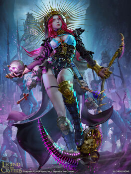 2024 architecture armored_boots arms_at_sides artist_name belt black_leotard black_skirt black_veil blue_potion boots breasts castle chain cleavage cloud cloudy_sky contrapposto copyright_logo copyright_name copyright_notice cross cross_necklace crown fantasy floating_clothes fog frilled_leotard frills full_body gauntlets glowing glowing_eyes gold_chain gold_collar gold_crown gold_gauntlet groin halo holding holding_scythe holding_skull jewelry knee_up latin_cross legend_of_the_cryptids leotard light_particles lips logo long_hair magic medium_breasts microskirt monster necklace nose official_art on_ground original outdoors parted_hair people pink_eyes realistic red_hair scythe single_gauntlet skirt skull sky spiked_halo spire standing stepping_on_object thighlet veil waist_cape yu_cheng_hong