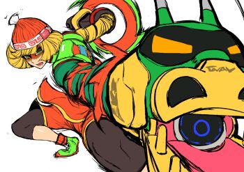 1girl absurdres arms_(game) beanie blonde_hair blunt_bangs bob_cut domino_mask dragon_(arms) extendable_limbs eye_mask green_eyes green_shoes hat highres ichigain leggings leggings_under_shorts mask min_min_(arms) open_mouth orange_shorts ramram_(arms) shoes short_hair shorts sketch solo white_background