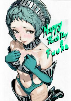 1girl absurdres aqua_hair armor bare_shoulders bikini bikini_armor blush breasts cleavage closed_mouth gloves green_bikini green_eyes green_gloves happy_birthday high-cut_armor_(persona) highres light_smile lips oeilvert_fft persona persona_3 persona_3_reload short_hair small_breasts swimsuit thighs yamagishi_fuuka