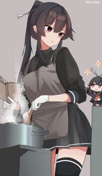 2girls apron black_hair black_sailor_collar black_shirt black_skirt book chibi commentary_request cooking cooking_pot gloves grey_apron grey_background hair_ribbon highres holding holding_book holding_ladle kantai_collection ladle long_hair looking_at_another miron_(mirona33) multiple_girls neckerchief necktie orange_neckerchief orange_necktie pleated_skirt ponytail red_eyes ribbon sailor_collar shirt sidelocks simple_background single_thighhigh skirt smile steam thighhighs twitter_username very_long_hair white_gloves white_ribbon yahagi_(kancolle) yahagi_kai_ni_(kancolle)