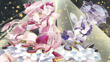 Rule 34 | 2girls, alternate costume, armlet, asahi (dq10), belt, blunt bangs, blunt ends, bow, colored skin, commentary request, covering stomach, cropped shirt, dragon quest, dragon quest x, embarrassed, fairy wings, frilled garter belt, frilled skirt, frills, garter belt, gold trim, hair bow, idol, idol clothes, jewelry, long hair, midriff, multicolored skirt, multiple girls, navel, necktie, one eye closed, pink bow, pink garter belt, pink hair, pink necktie, pink skin, pink skirt, pink trim, pointy ears, purple bow, purple eyes, purple garter belt, purple hair, purple skin, purple skirt, salute, shirt, short hair, short twintails, skirt, sleeveless, sleeveless shirt, spotlight, star (symbol), twintails, two-finger salute, utsubushi satsuki, white skirt, wings, wireless microphone, wrist cuffs, yellow eyes, yoi (dq10)