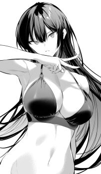 1girl armpits bikini breasts greyscale hair_between_eyes haite_kudasai_takamine-san highres hiiragi_yuuichi large_breasts linea_alba long_hair monochrome navel o-ring o-ring_bikini open_mouth shadow solo swimsuit takamine_takane v