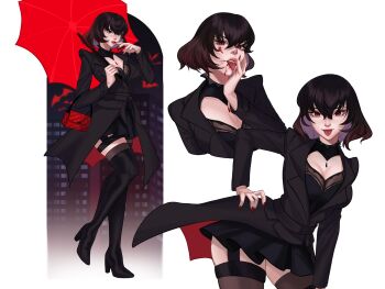 Rule 34 | 1girl, aegyo sal, bag, bat (animal), black garter straps, black hair, black jacket, black thighhighs, blood, blood on face, blood on mouth, bob cut, boots, breasts, building, cleavage, cleavage cutout, clothing cutout, cropped shoulders, deadlock (game), deh sofa, fangs, fingernails, garter straps, hair between eyes, hand on own face, hand on own hip, handbag, heart cutout, high heel boots, high heels, highres, holding, holding umbrella, jacket, lipstick, looking at viewer, makeup, mina (deadlock), multicolored hair, multiple views, outdoors, pleated skirt, red-eye effect, red bag, red eyes, red nails, red umbrella, sharp fingernails, short hair, skirt, standing, thigh boots, thighhighs, thighs, tongue, tongue out, two-tone hair, umbrella, vampire, white background