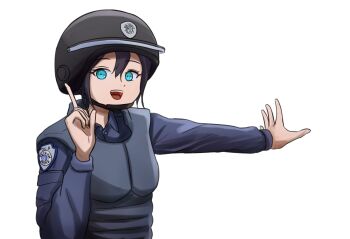 Rule 34 | 1girl, black hair, blue eyes, blue shirt, body armor, bulletproof vest, collarbone, collared shirt, helmet, highres, hoshino ruby dance, ocp, open mouth, original, parody, pointing, police, police uniform, policewoman, robocop, shirt, simple background, teeth, tongue, upper teeth only, user fvwf2275, white background