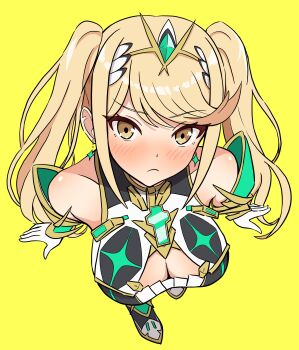 Rule 34 | 1girl, absurdres, alternate hairstyle, bare shoulders, blonde hair, blush, breasts, chest jewel, cleavage, cleavage cutout, closed mouth, clothing cutout, commentary request, core crystal (xenoblade), dress, earrings, from above, full body, gem, gloves, green gemstone, highres, jewelry, large breasts, long hair, mythra (xenoblade), simple background, solo, standing, swept bangs, tiara, twintails, white dress, white gloves, xenoblade chronicles (series), xenoblade chronicles 2, yellow background, yellow eyes, yoshikirino