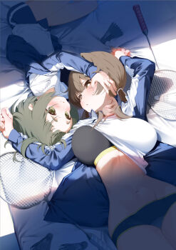 2girls age_difference badminton_racket black_panties black_sports_bra blue_jacket blush breasts brown_eyes brown_hair clothes_lift commentary_request green_eyes green_hair hand_in_another's_hair hand_on_another's_face hand_on_another's_neck highres jacket large_breasts looking_at_another lying multiple_girls navel on_back onee-loli original panties racket shade shiratama_mochi shirt shirt_lift shuttlecock smile sports_bra track_jacket underwear white_shirt yuri