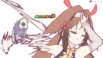 1girl absurdres animal_ears arm_up bare_shoulders china_dress chinese_clothes closed_eyes closed_mouth clover clover_hair_ornament commentary dress droopy_ears english_commentary ethereal_(zenless_zone_zero) hair_ornament hairband hand_on_own_head health_bar highres jujutsu_kaisen m3ar1_coconut meme metal_bracelet motion_blur naoya_hitting_choso_without_looking_(meme) rapid_punches scene_reference simple_background twitter_username white_background white_dress white_hairband ye_shunguang zenless_zone_zero