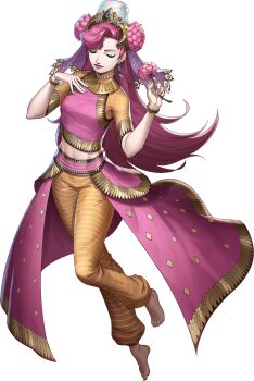 1girl artist_request barefoot bracelet closed_eyes closed_mouth demon_(megami_tensei) earrings facial_mark flower forehead_mark hair_flower hair_ornament highres holding holding_flower indian_clothes jewelry midriff necklace official_art parvati_(megami_tensei) pearl_necklace persona persona_5 persona_5:_the_phantom_x pink_flower pink_hair shin_megami_tensei solo third-party_source transparent_background