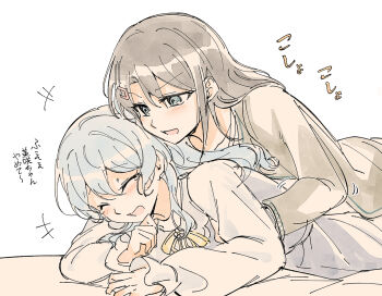 2girls bang_dream! black_hair black_hoodie blue_eyes blue_hair blush closed_eyes hood hoodie long_hair matsubara_kanon multiple_girls okusawa_misaki open_mouth opi shirt simple_background tears tickling translation_request white_background white_shirt yuri