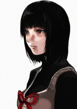 1girl amakura_mio black_hair breasts brown_eyes butterfly_ornament fatal_frame fatal_frame_ii:_crimson_butterfly gauss_&lt;bokashi lips red_ribbon ribbon short_hair simple_background solo white_background